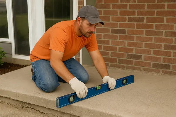 a male worker leveling a concrete slab porch from Houston Concrete Services in Houston, TX - Commercial Concrete Projects a male worker leveling a concrete slab porch from Houston Concrete Services in Houston, TX - Commercial Concrete Projects
