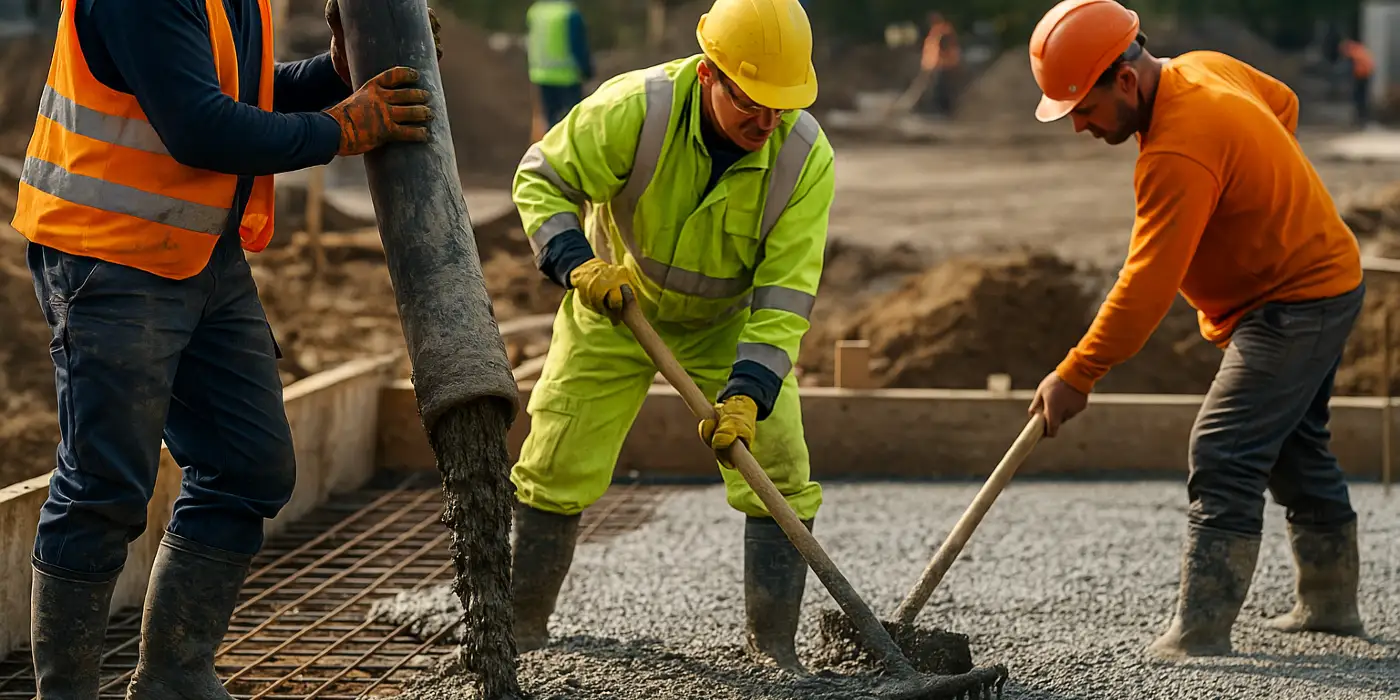 3 concrete contractors spreading concrete on the ground from Houston Concrete Services in Houston, TX - Concrete Contractor 3 concrete contractors spreading concrete on the ground from Houston Concrete Services in Houston, TX