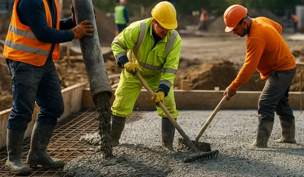 3 concrete contractors spreading concrete on the ground from Houston Concrete Services in Houston, TX 