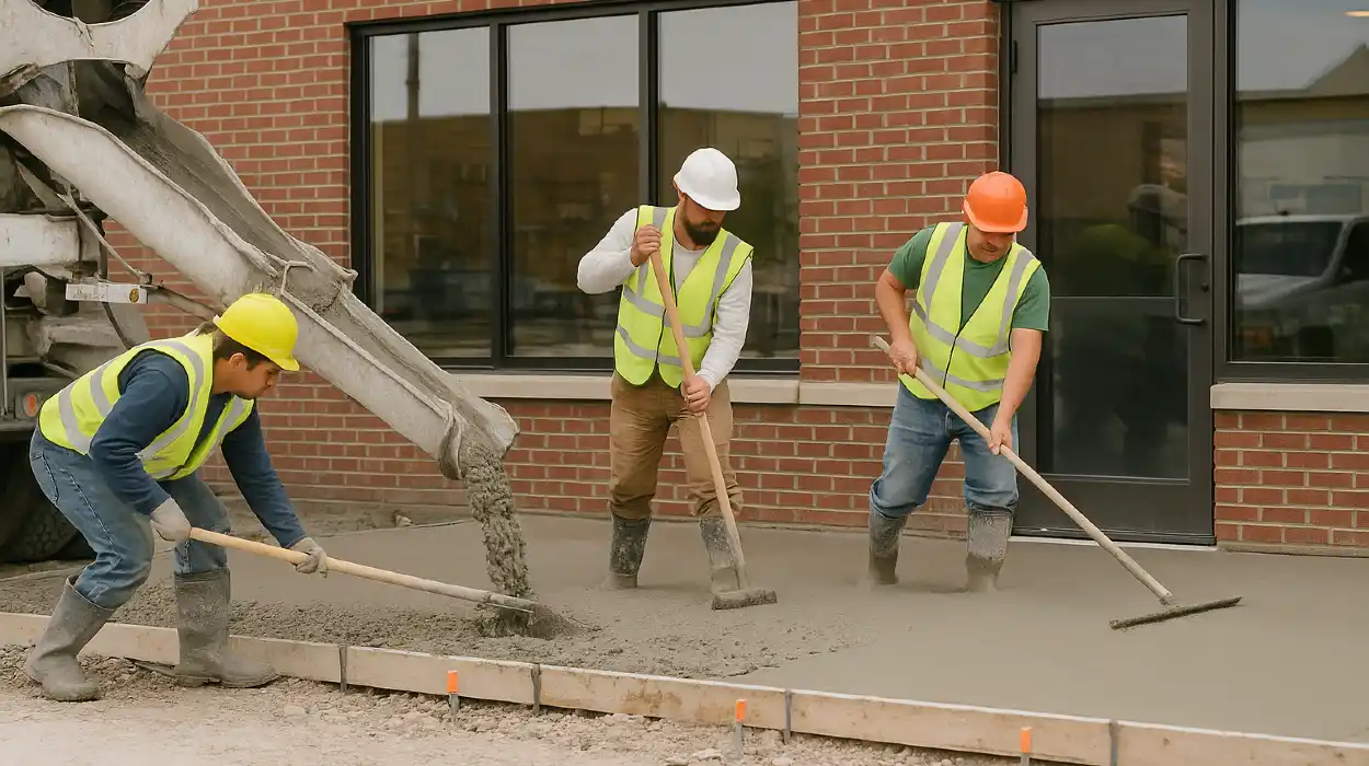 3 concrete contractors spreading concrete on the ground for a sidewalk from Houston Concrete Services in Houston, TX - Concrete Cutting Services