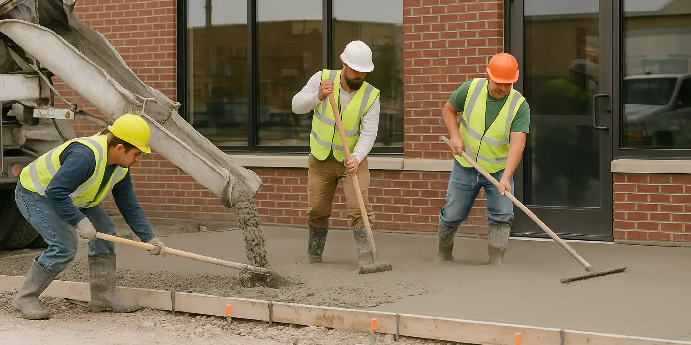 3 concrete contractors spreading concrete on the ground for a sidewalk from Houston Concrete Services in Houston, TX - Concrete Cutting Services