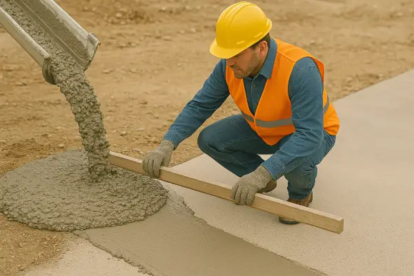 a concrete worker using a piece of wood to spread fresh cement for a sidewalk from Houston Concrete Services in Houston, TX - Concrete Cutting Services