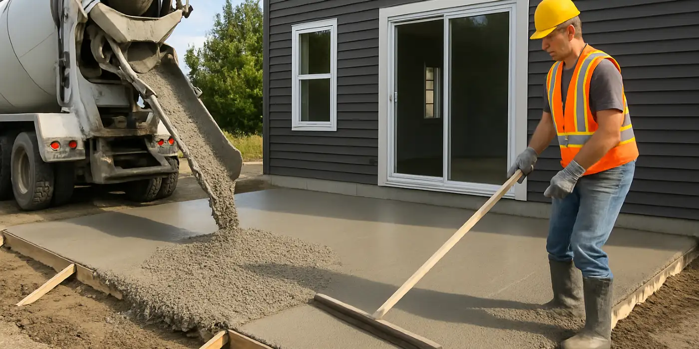 a man spreading the cement a truck is pouring to build a patio from Houston Concrete Services in Houston, TX - concrete garage floors installation