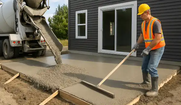 a man spreading the cement a truck is pouring to build a patio from Houston Concrete Services in Houston, TX - concrete garage floors installation