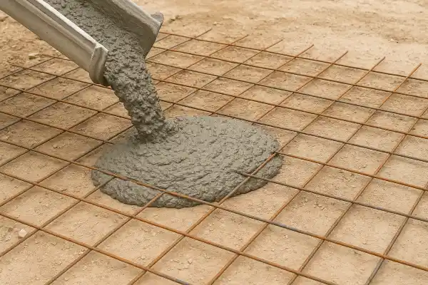a cement truck pouring cement on a rebared ground from Houston Concrete Services in Houston, TX - concrete garage floors installation