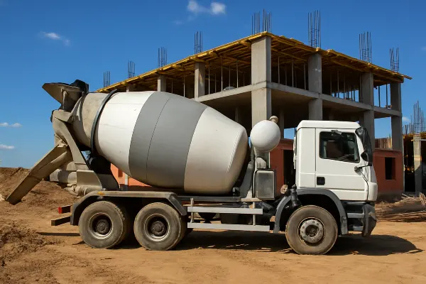 a white cement truck from Houston Concrete Services in Houston, TX - concrete garage floors installation