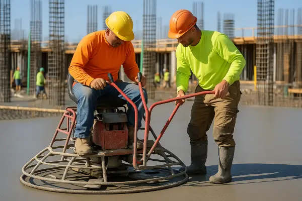 2 men using a machine to finish a concrete slab foundation from Houston Concrete Services in Houston, TX - concrete slab foundation