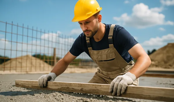 a male concrete worker spreading fresh cement on rebared ground from Houston Concrete Services in Conroe, TX - Conroe TX