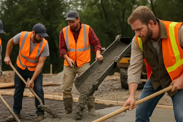 3 concrete workers pouring and spreading cement on the ground from Houston Concrete Services in Conroe, TX - Conroe TX