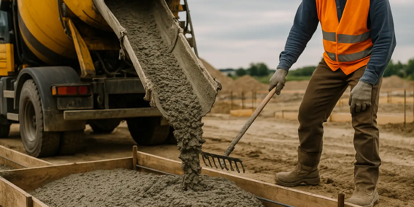 a concrete truck pouring cement on a concrete form from Houston Concrete Services in Houston, TX - Driveway Installation