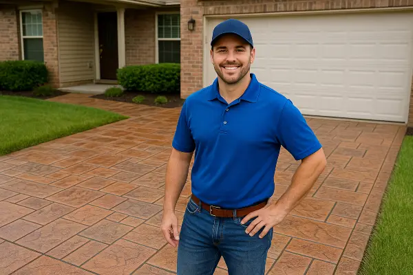 a concrete contractor smiling at the camera with stamped concrete behind him from Houston Concrete Services in Houston, TX - Driveway Installation