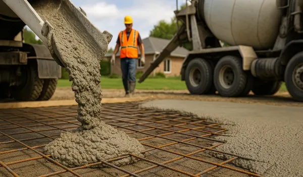 Cement truck pouring cement on a rebared ground from Houston Concrete Services in Sugar Land, TX - Sugar Land TX