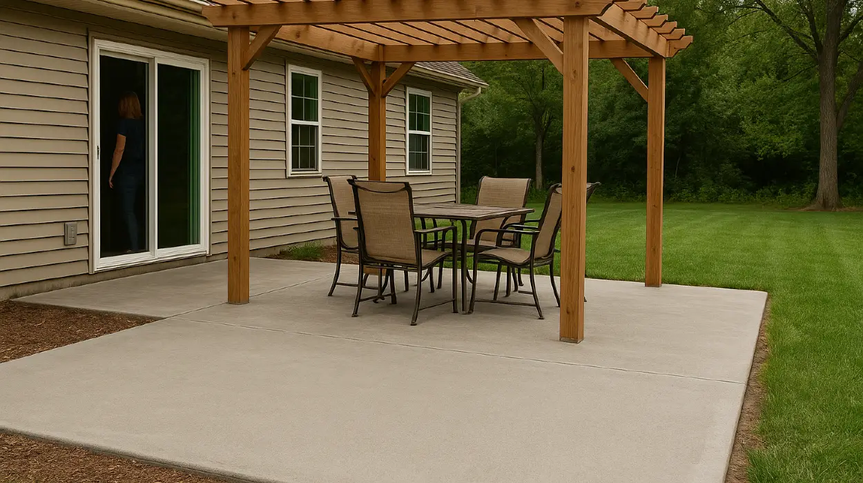 a concrete patio with a pergola from Houston Concrete Services in The Woodlands, TX - The Woodlands TX